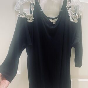 Charming Charlie Black Cold Shoulder top with ivory lace detailing